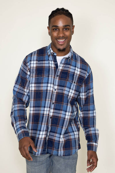 Washed Cotton Plaid Flannel Shirt for Men in Blue Rust