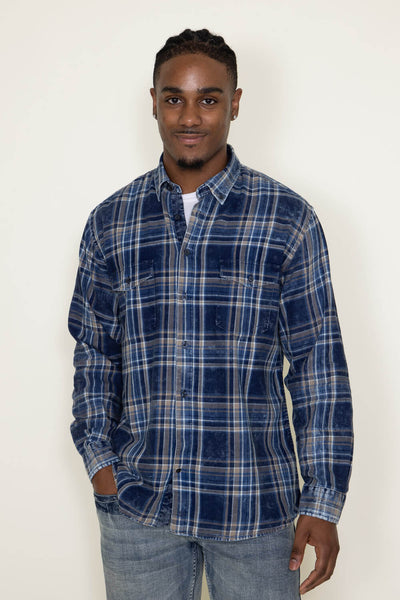 Washed Cotton Plaid Flannel Shirt for Men in Blue Tan