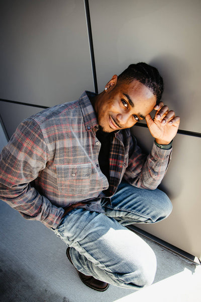 Corduroy Reverse Plaid Flannel Shirt for Men in Grey Brown