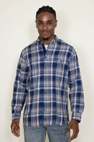 Washed Cotton Plaid Flannel Shirt for Men in Blue Taupe