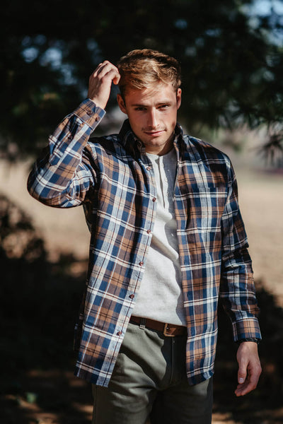 Plaid Flannel Shirt for Men in Navy/Brown
