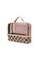 A clear plastic toiletry bag with a beige and black checkerboard patterned base, a beige top handle, and a translucent pink-tinted window, shown on a plain white background.