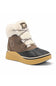A single Sorel mid-calf winter boot with a brown suede upper, black toe cap, white shearling lining, and a tan rubber sole, shown on a white background.