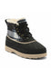 A single mid-calf winter boot with a black suede-like toe and laces, a plaid collar in blue, white, and black, a cream sherpa lining, and a beige sole, shown on a white background.