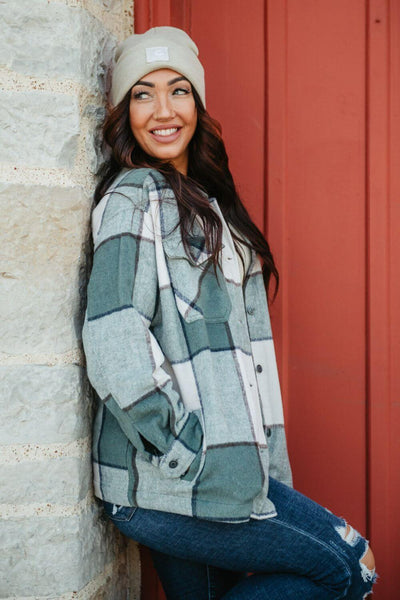 Plaid Shacket for Women in Cream/Sage