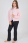 Girl modeling a pink sherpa jacket and flare leggings outfit