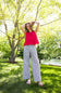 Stripe Smocked Waist Linen Pants for Women in Charcoal