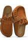 Project cloud suede upper mules with a buckle strap across the top in a brown color
