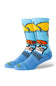 A pair of crew socks featuring a cartoon graphic of a character with yellow hair, a blue top hat, and an orange mustache on a light blue background.