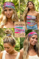 A collage showing a woman outdoors wearing a colorful patterned headband and matching strapless bandeau top, with a central product card labeled 'Natural Life Boho Bandeau'