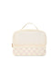 A small rectangular toiletry bag with a top handle, featuring a translucent frosted upper section and a pastel checkerboard patterned lower section. A small embossed logo is visible on the bottom right corner, and a gold zipper pull is on the left side.