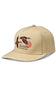 A beige flat-brim baseball cap featuring an embroidered design of a duck, a red-orange duckbill, and the text 'Burlebo Outdoors' on the front panel, set against a plain white background.
