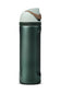 A sparkly green/teal water bottle with a mint green lid and brown handle