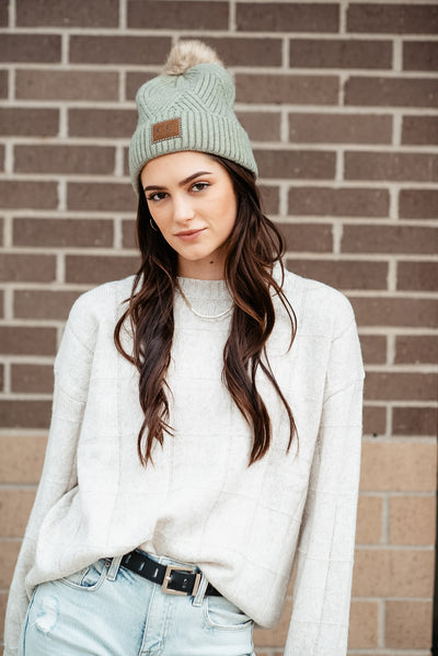 C.C Beanie Crosshatched Pom Beanie for Women in Green