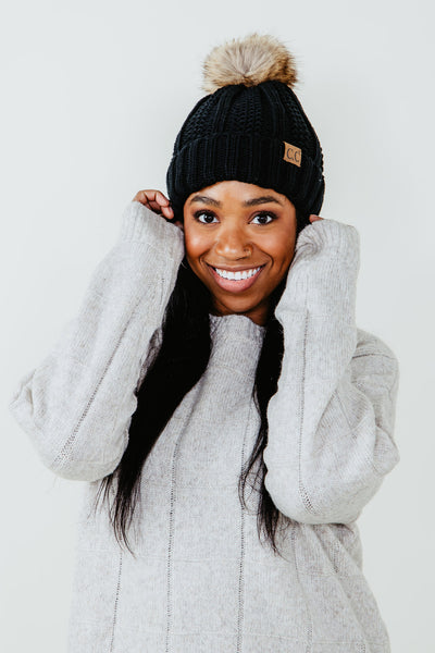 C.C Beanie Fleece Lined Pom Beanie for Women in Black