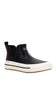 A black rubber Chelsea boot with a white platform sole and a small red accent on the heel, shown against a plain white background.