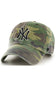 A baseball cap in a green and brown camouflage pattern, featuring a black and white embroidered New York Yankees logo on the front.