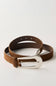 Brown belt with a silver buckle on a light gray background