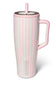 Pink and white vertical stripe pattern on a 40oz tumbler