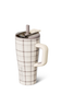 A plaid insulated travel tumbler with a handle, lid, and straw, shown on a clean white background.