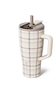 A plaid insulated travel tumbler with a handle, lid, and straw, shown on a clean white background.