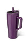 A purple insulated travel tumbler with a handle, lid, and straw, shown on a clean white background.