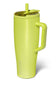 Neon yellow sparkly tumbler with a slide covered straw, with side handle and BruMate logo