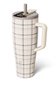 A tall insulated travel tumbler with a cream and taupe plaid pattern, featuring a matching cream handle, a cream lid, and a beige straw, shown on a white background.