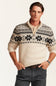 Men’s Weatherproof Vintage quarter-zip sweater in beige featuring a black and grey snowflake and geometric Fair Isle pattern across the yoke and chest, styled over a henley shirt with dark trousers.