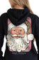A woman wearing a black hoodie from the back, featuring a large graphic print of Santa Claus with a white beard, red and white gingham background, and a leopard print accent on the hat. The brand name 'simply southern collection' is printed below the graphic.