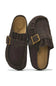 A pair of dark brown suede moccasin-style loafers with gold-tone buckle straps, shown from the top and side on a white background.