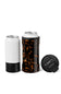 A can cooler shown on a white background, featuring a white insulated sleeve with a black base, a black tortoiseshell-patterned sleeve holding a can, and a separate black lid.