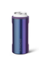 An iridescent can cooler in a purple-to-blue gradient finish, shown with a silver aluminum can inserted. The brand name 'BRUMATE' is vertically printed on the front.