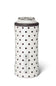 A white can cooler sleeve with black polka dots, holding a silver aluminum can, on a clean white background.