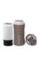 A can cooler sleeve shown on a beverage can, alongside a white can with a black base and a pink can with a brown polka-dot sleeve. The sleeve features pink polka dots on a brown background with a visible 'BRUMATE' logo.