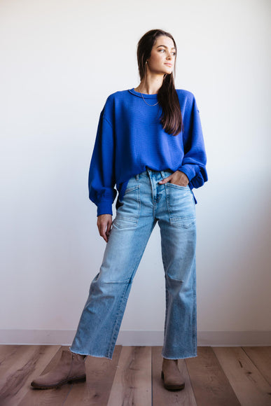 Blu Pepper Crewneck Ribbed Knit Shirt for Women in Cobalt