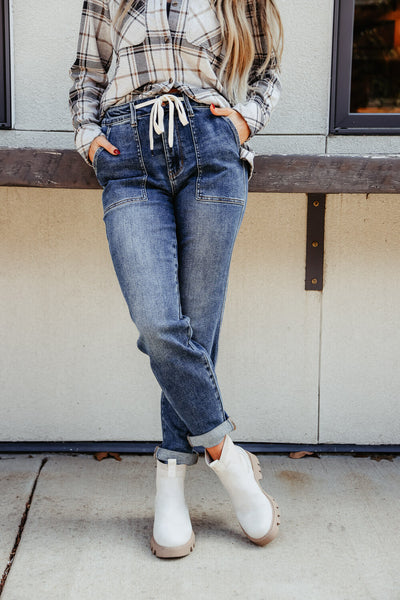 Judy Blue Jeans High Rise Elastic Drawstring Cuffed Denim Jogger for Women