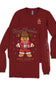 A long-sleeve crewneck shirt in dark red, featuring a Christmas-themed graphic of a teddy bear wearing a cowboy hat and Santa-style outfit with 'Merry Christmas' text, plus 'simply southern' branding on the sleeve and chest.