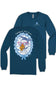 A navy blue long-sleeve t-shirt shown from both front and back. The front features a small white circular logo on the left chest, and the back displays a large graphic of a goose wearing pink glasses and a blue-and-white checkered bow, with the text 'Unbothered and Iconic' arched above it.