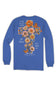 A royal blue long-sleeve t-shirt shown from the back, featuring a large graphic print of a cross decorated with orange and pink flowers, butterflies, and white text that reads 'EVEN IN THE CHAOS HIS GRACE STILL FINDS ME' with 'simply southern' printed below.