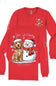 A red long-sleeve crewneck t-shirt shown from both front and back. The front features a graphic of a brown dog and a snowman wearing Santa hats and scarves, with the text 'Let It Snow' and 'simply southern' below.