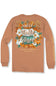 A long-sleeve t-shirt in a warm terracotta or rust color, shown from the back. The back features a large, detailed autumn graphic with pumpkins, white flowers, wheat, and the words 'Grateful Thankful Blessed' in script.
