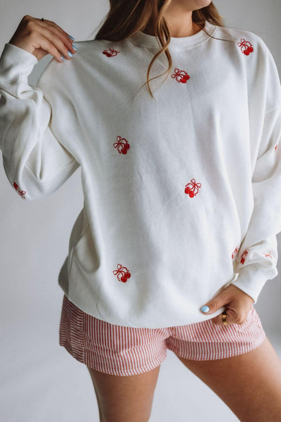 1897 Active Embroidered Cherries And Bows Fleece Sweatshirt for Women in Ivory