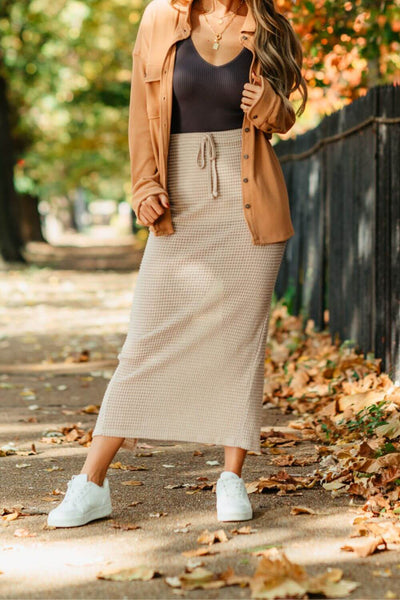 Knit Drawstring Maxi Skirt for Women in Taupe