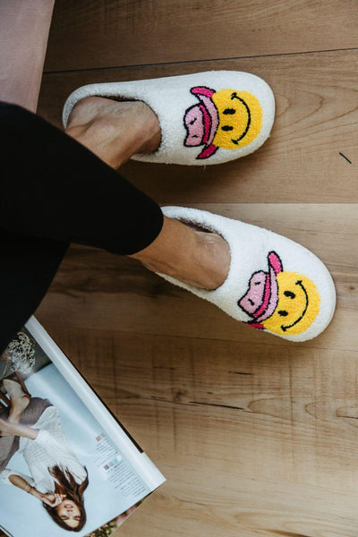 Cowboy Smiley Face Slippers for Women in White