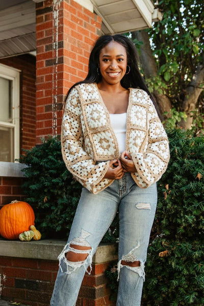 Granny Square Crochet Cropped Cardigan for Women in Beige/White