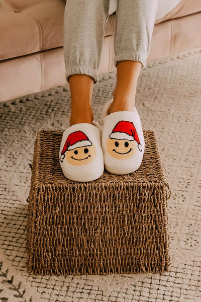 Christmas Smiley Face Slippers for Women in White