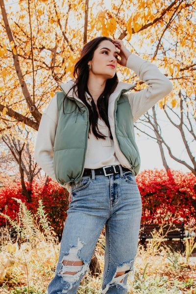 Love Tree Cropped Reversible Puffer Vest for Women in Olive/Beige