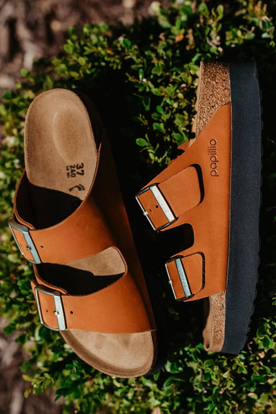 Papillo by Birkenstock Arizona Platform Nubuck Leather Sandals for Women in Pecan