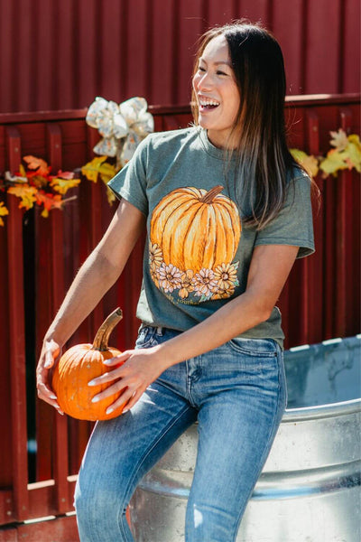 Simply Southern Flower Pumpkin T-Shirt for Women in Heather Green